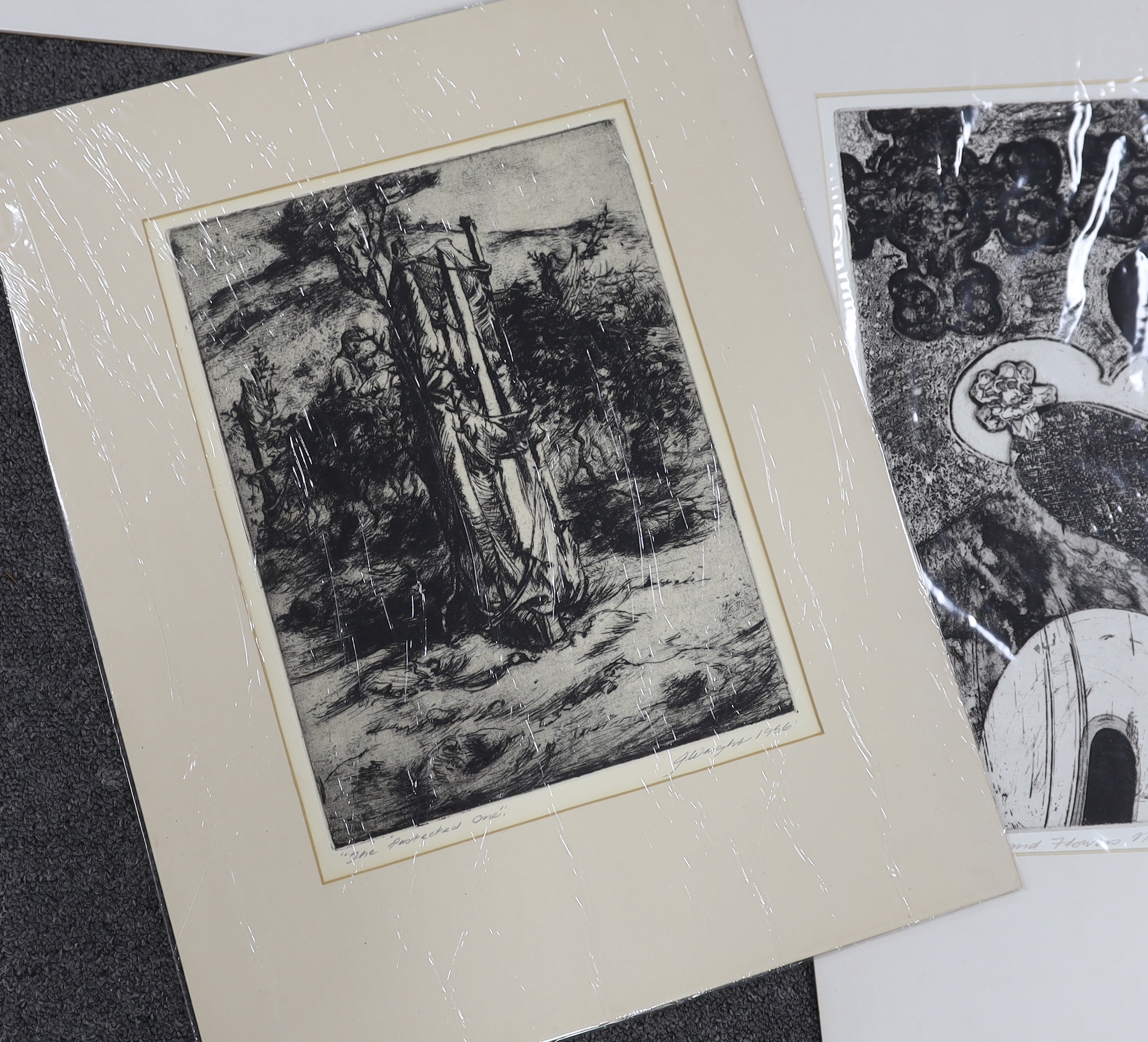John Wright RE, ARCA (1927-2001), five prints, including ‘The Sentinel’, ‘The Protected One’ and ‘Hearts & Flowers’, each signed and dated in pencil, three limited edition, mounted, unframed, largest 52 x 39cm